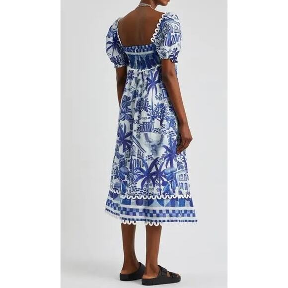 FARM RIO Sweet Rio Midi Dress Small Puff Sleeve Blue Tropical Graphic Print - Picture 5 of 13
